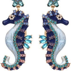 Elegant Blue and Gold Seahorse Earrings